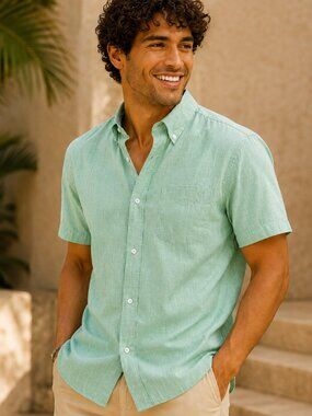 NWT Club Room Fiji Green Stretch Linen Blend Button Down Shirt Large